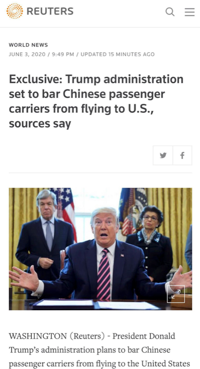 突发!特朗普计划从6月中旬禁止中国载客航班飞往美国
