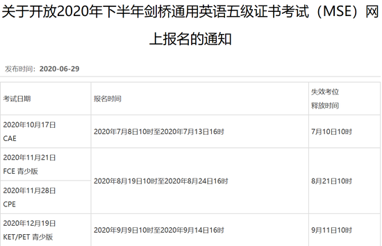 2020年下半年剑桥通用英语五级证书考试网上报名通知