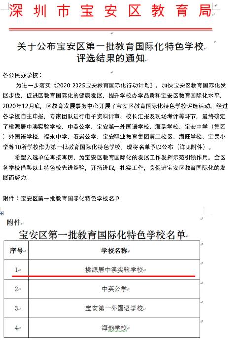 喜报！深圳市桃源居中澳实验学校获评宝安区首批国际化特色学校