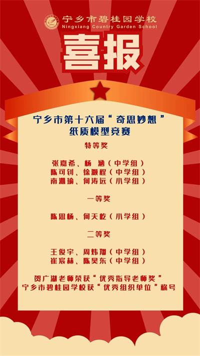 特等奖、一等奖、二等奖，宁乡市碧桂园学校参赛学生全部获奖