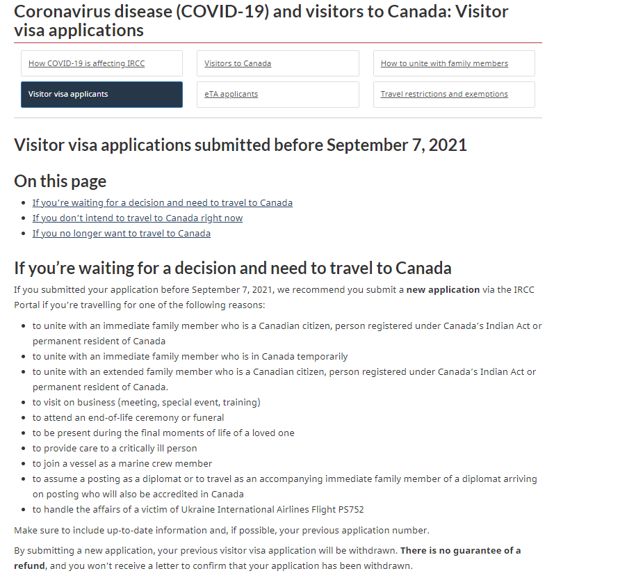9月7日之前递交加拿大旅游签证[Visitor Visa]的申请人可能需要重新申请！