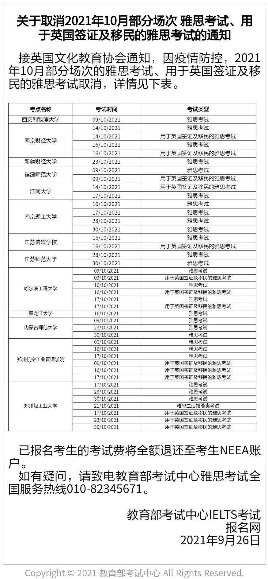 全国已有多个考点宣布取消10月部分雅思考试