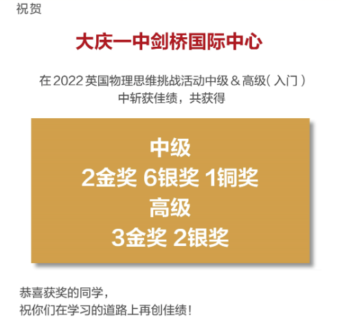 【2022英国物理思维挑战】大庆一中剑桥国际中心学子斩获5金8银1铜！