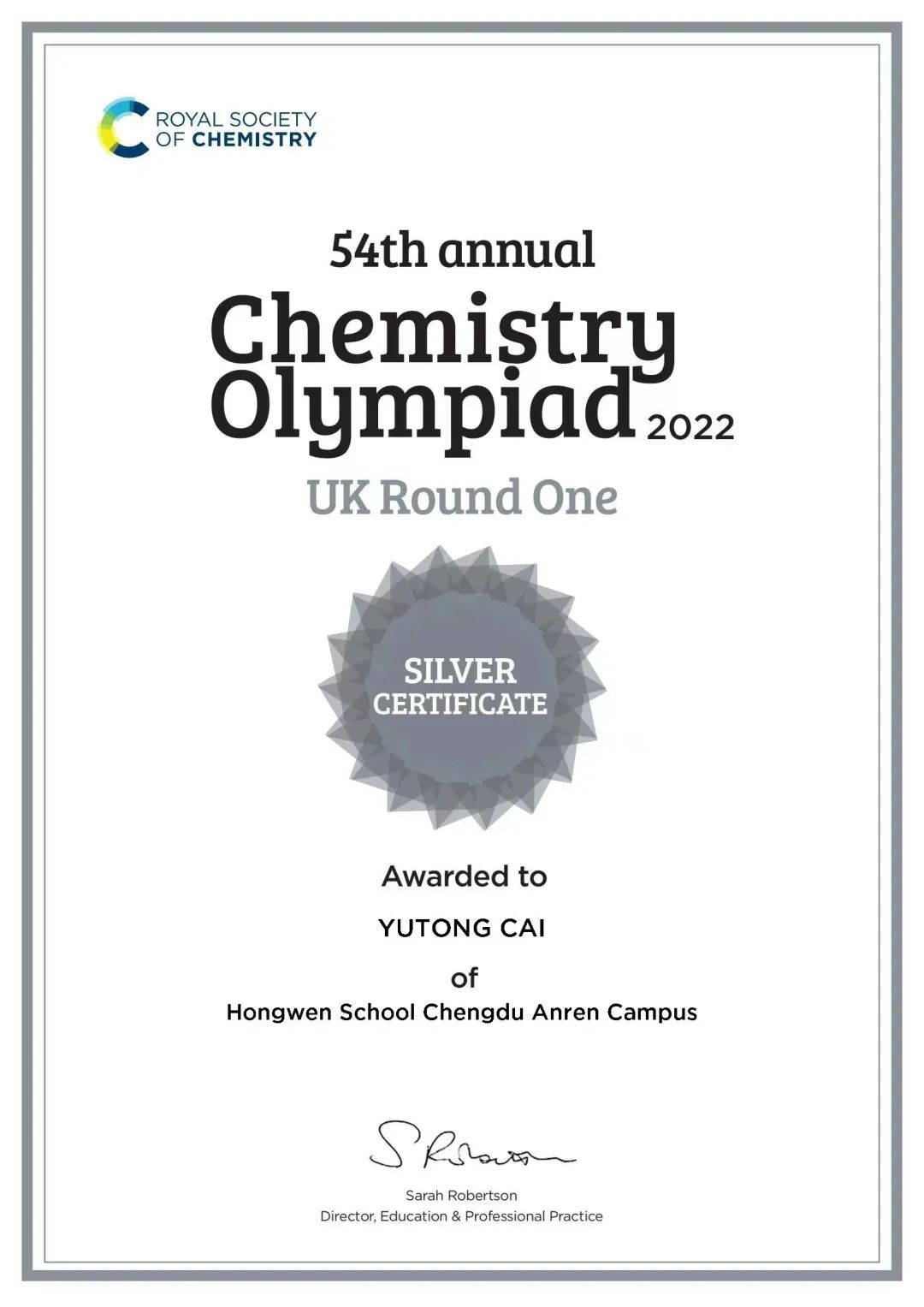 2022英国化学奥林匹克竞赛放榜，一金一银！宏文学子再创佳绩！                