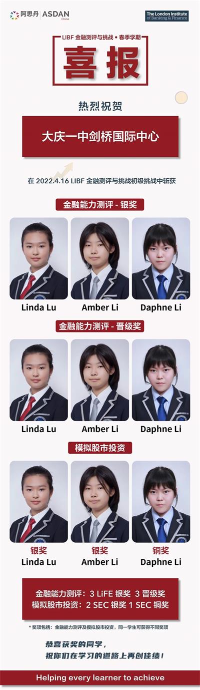 【LIBF金融能力挑战】大庆一中剑桥国际中心学子成功晋级全国总决战！