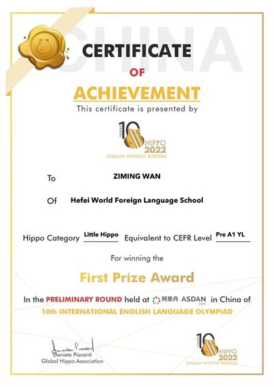 合肥世界外国语学校学子万子铭获河马英语奥林匹克竞赛银奖