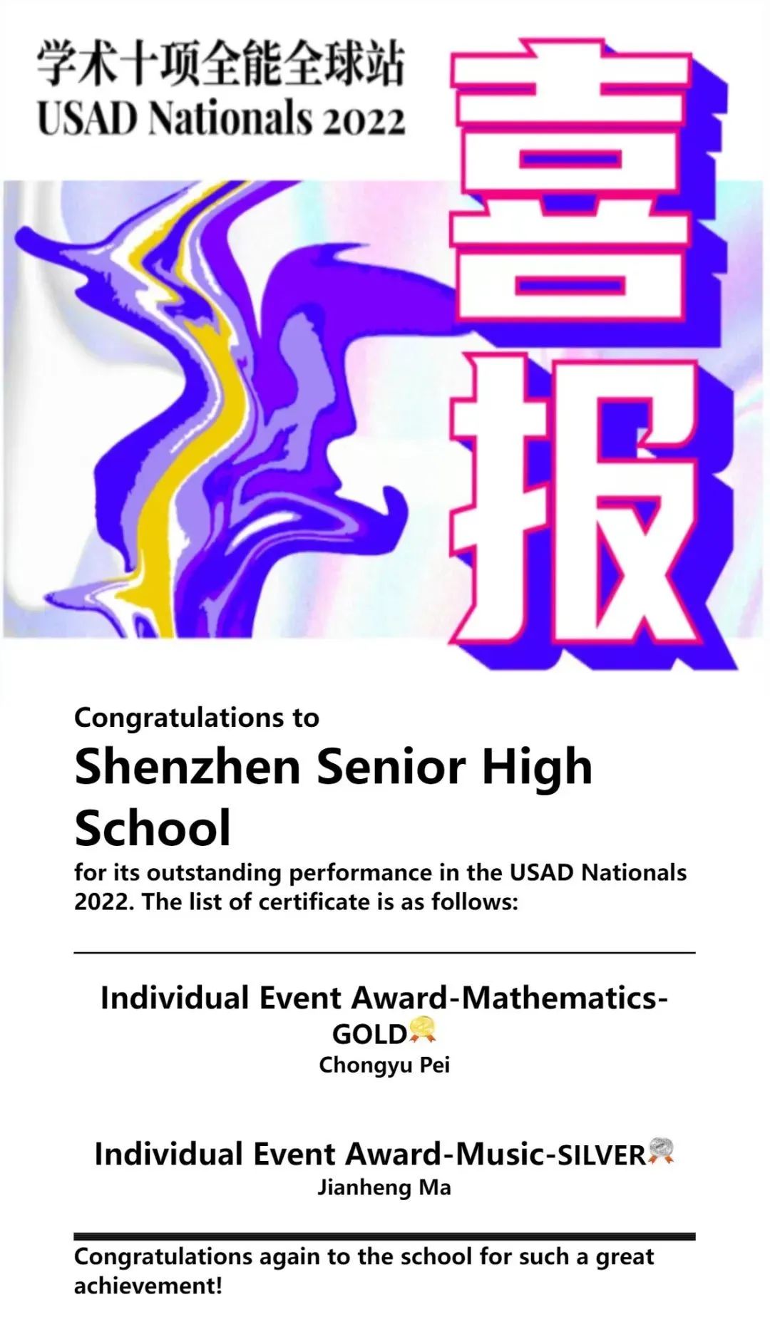 深圳高级中学国际课程体系学子在USAD SEED全国站以及全球站获得佳绩                